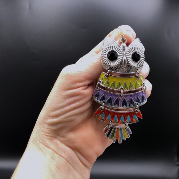 Vtg Articulated Multicolor Owl Pendant Enameled 3.5" Aztec Style w/ Crystal Eyes - Picture 7 of 7